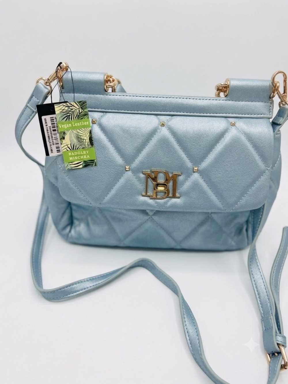 New Badgley Mischka Light Blue Quilted Vegan Leather Crossbody with Gold Hardwar